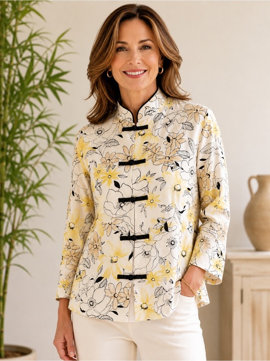 Pendleton Jackets & Blazers - Pendleton Petite 8P Silk Linen Floral Mandarin Collar Frog Closure Jacket